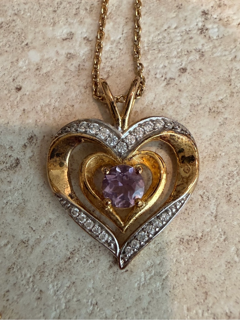 14K Gold Heart Pendant Necklace Purple Amethyst & Clear Stones 18”
